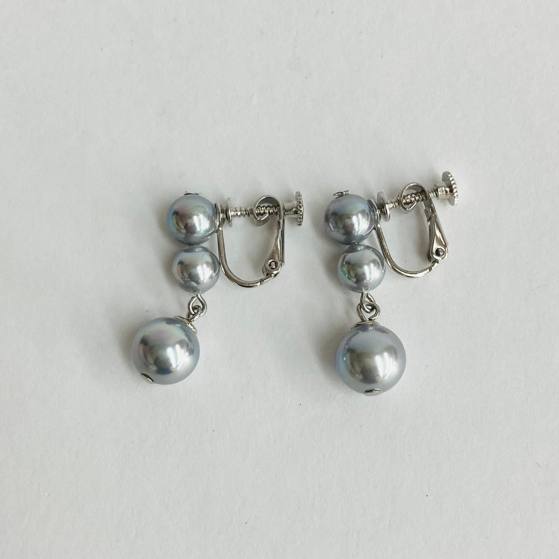 貝磨き3パールぶら下がりイヤリング/グレー/R/made in japan